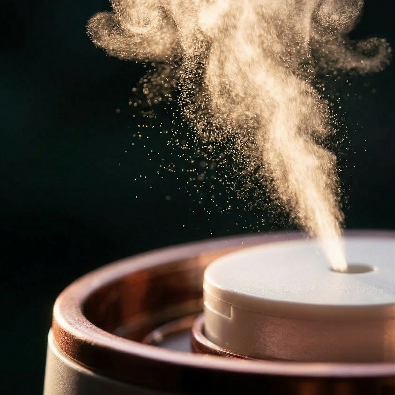 Aura One ultrasonic diffuser producing visible mist in dark room