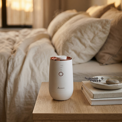 Aura One diffuser on bedside table with warm ambient lighting at night